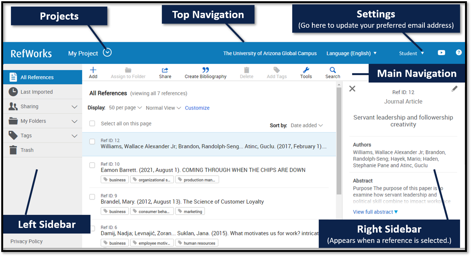image of refworks with callouts for various navigation options